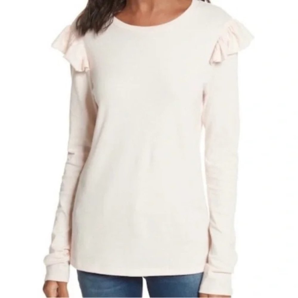 Frame Cotton Long Sleeve Ruffle Shoulder Crewneck Tee T-Shirt Light Pink Xs